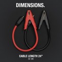 Dimensions. Coiled battery clamps flat on ground with 24-inch cable length.