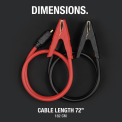 Dimensions. Coiled battery clamps flat on ground with 72-inch cable length.