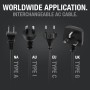 Worldwide Application with four interchangeable AC cables (type A plug, type C plug, type I plug and type G plug)