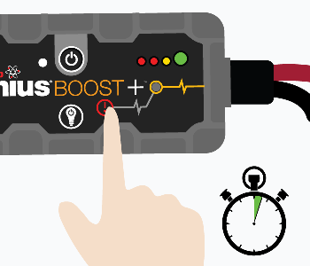 The red exclamation mark inside a red cirlcle on the Genius Boost is being pressed down by an index finger.