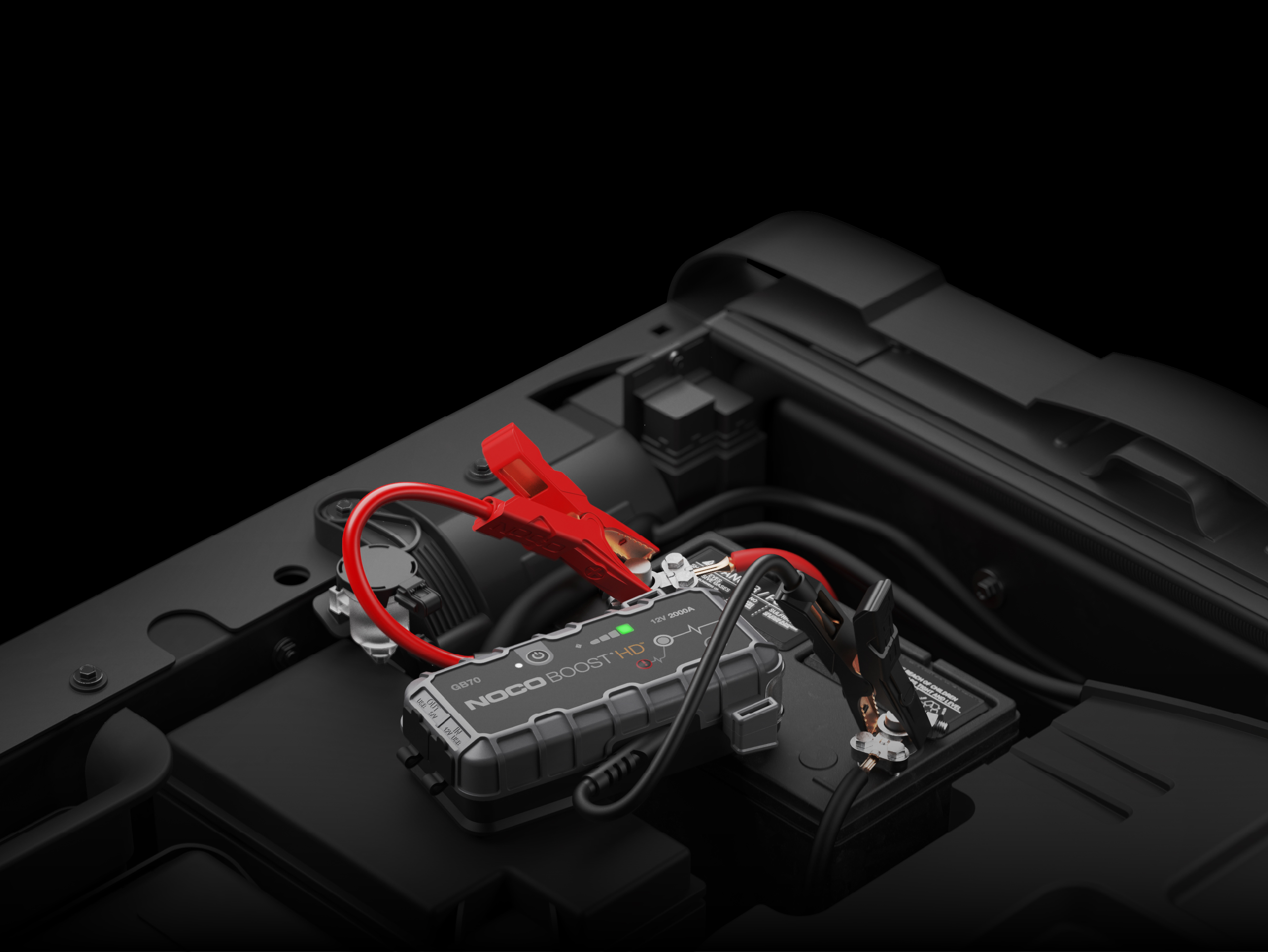 NOCO GB70 jump starting a vehicle in the engine bay