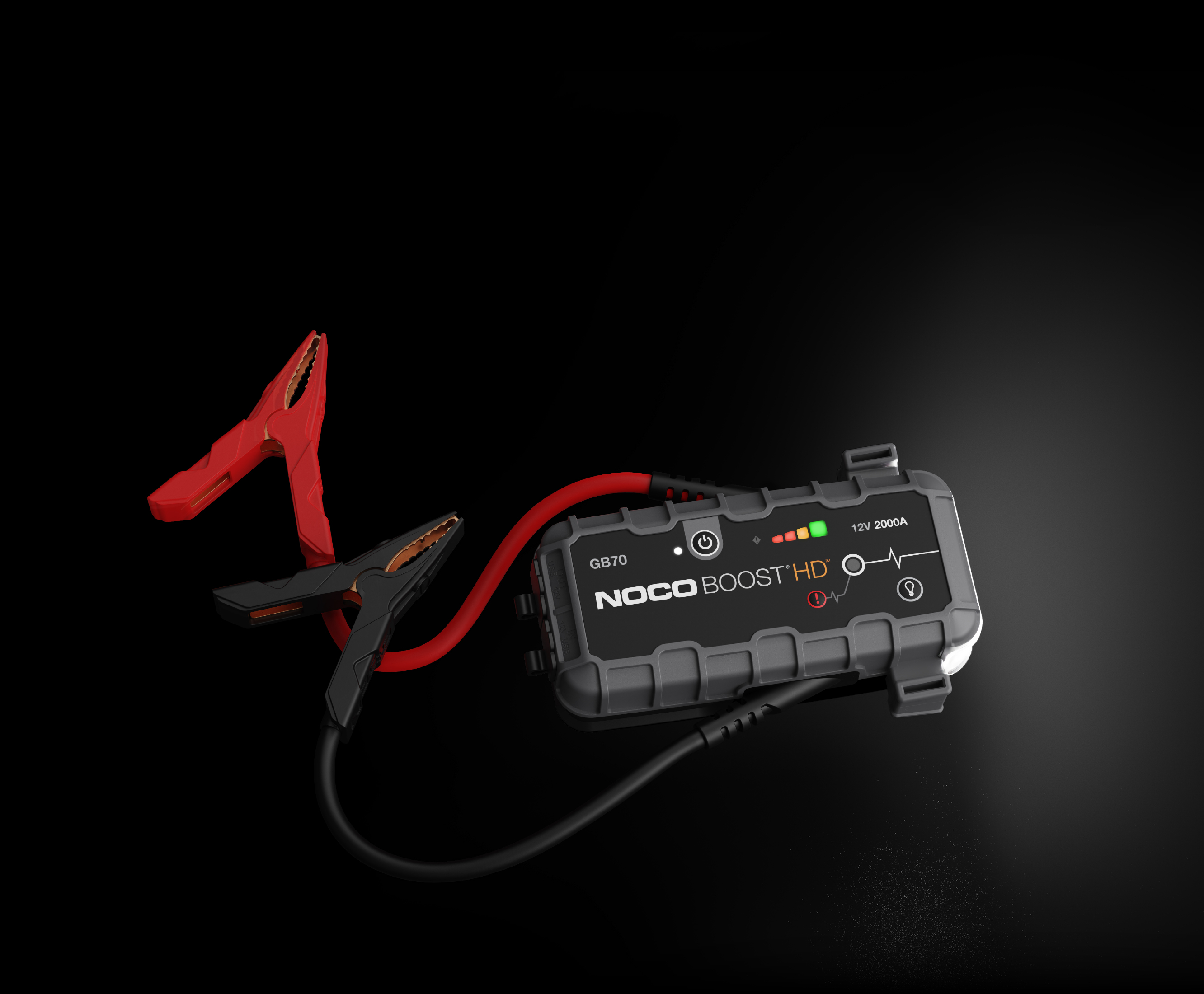 NOCO GB70 with clamps and LED flashlight illuminated